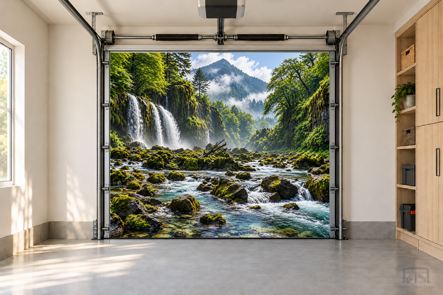 Whispering Falls interior garage door cover — one-car front view