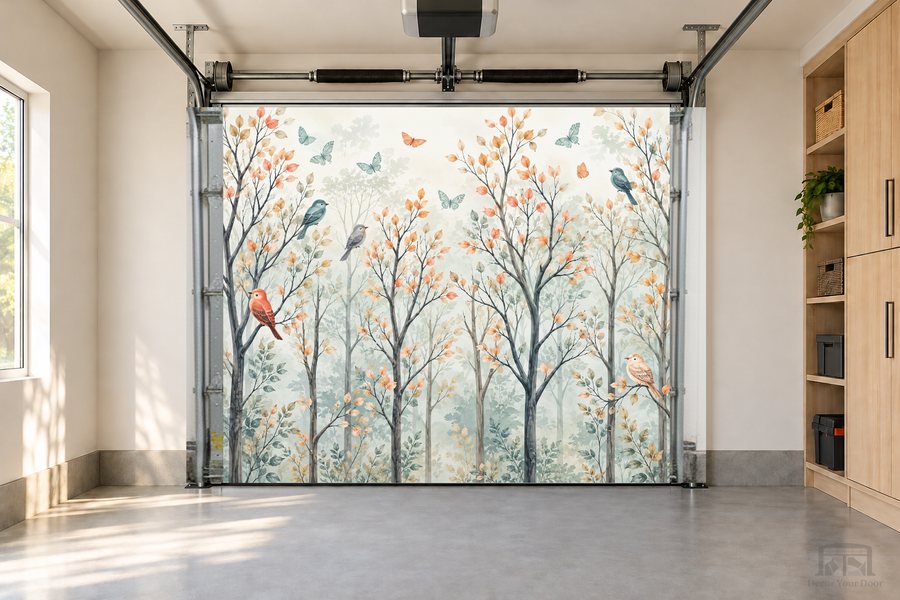 Whispering Woods interior garage door cover — one-car garage front view