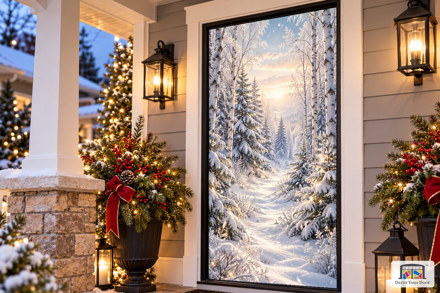 White Christmas Front Door Cover on the approved Christmas porch, angled view.