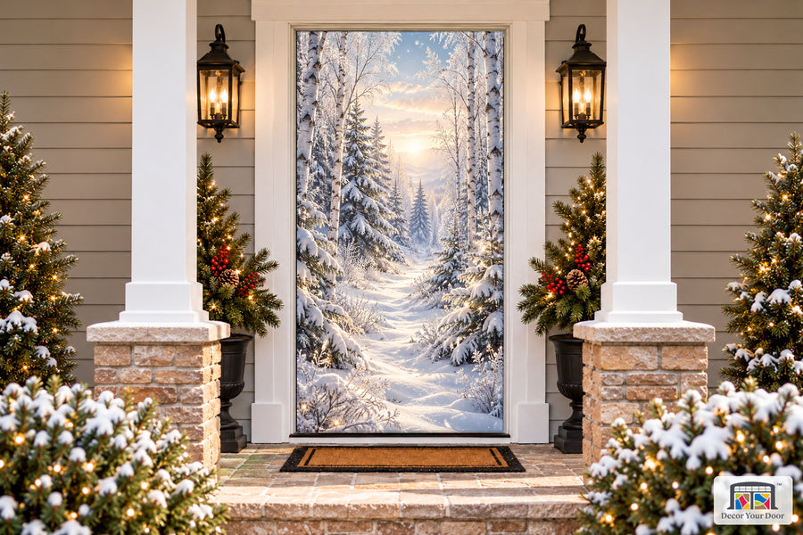 White Christmas Front Door Cover on a snowy Christmas porch, front view.