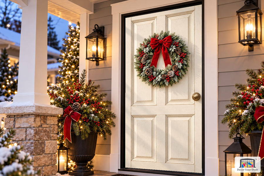 Winter Cottage Christmas Front Door Cover on the approved Christmas porch, angled view.