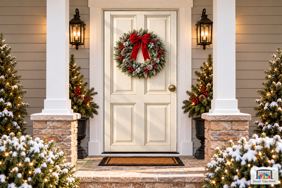 Winter Cottage Christmas Front Door Cover on a snowy Christmas porch, front view.