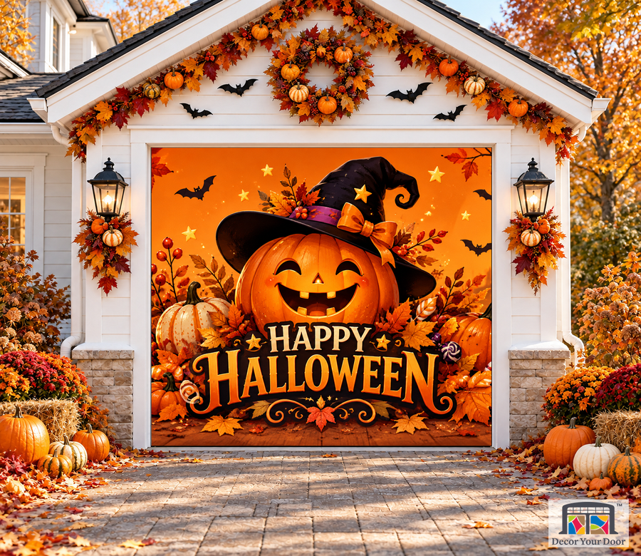 Witch Hat Celebration Halloween garage door cover – One Car front view