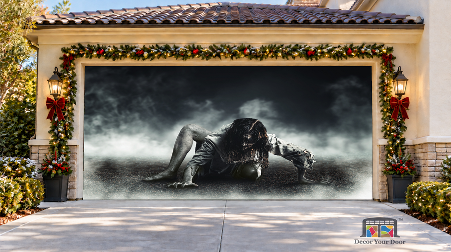Witch Zombie Halloween Garage Door Cover — two-car front view
