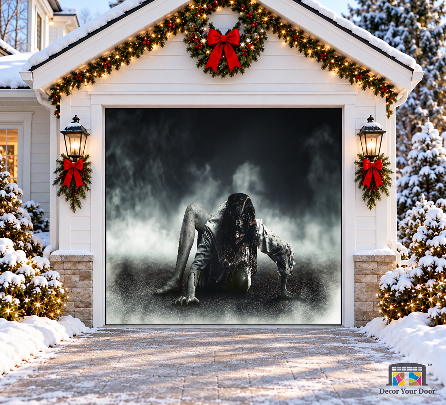 Witch Zombie Halloween Garage Door Cover — one-car front view