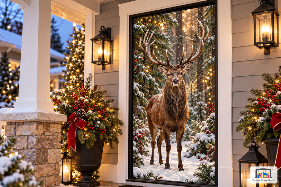 Woodland Reindeer Front Door Cover on the approved Christmas porch, angled view.