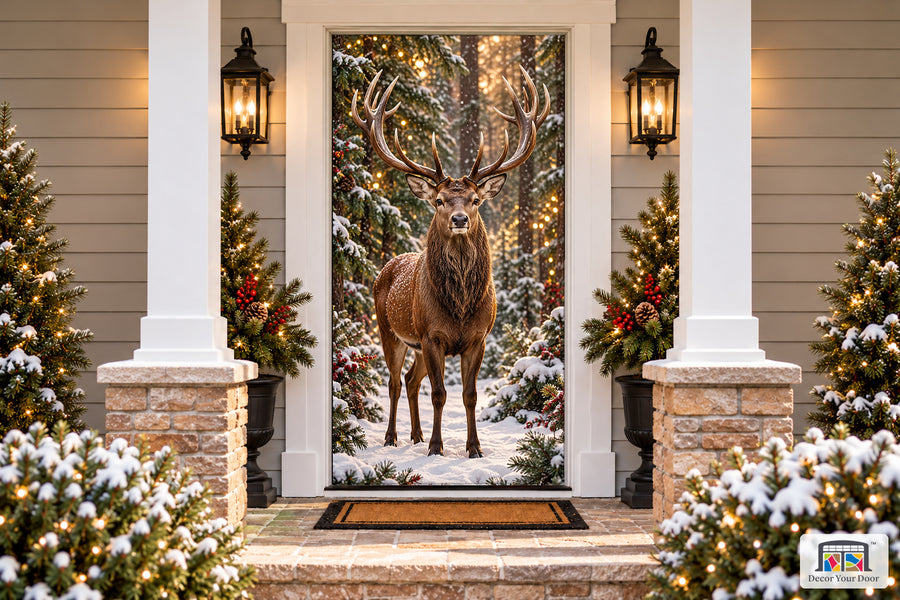 Woodland Reindeer Front Door Cover on a snowy Christmas porch, front view.