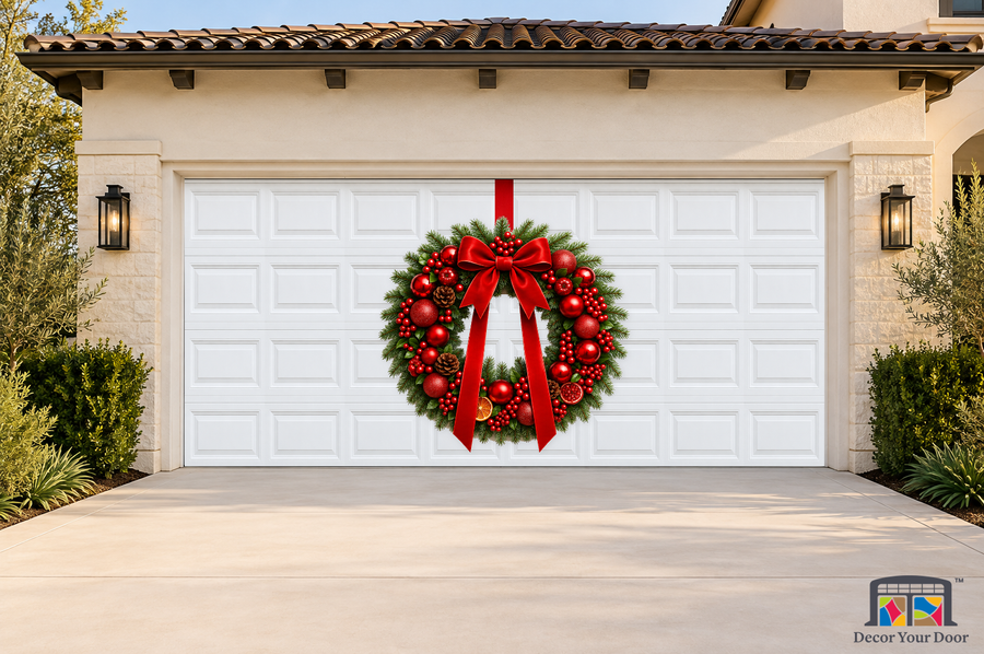 Crimson Harvest Wreath – Christmas Garage Door Cover — two-car garage front view