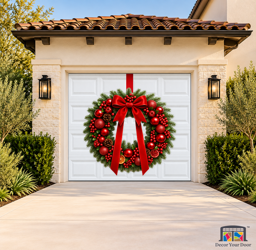 Crimson Harvest Wreath – Christmas Garage Door Cover — one-car garage front view