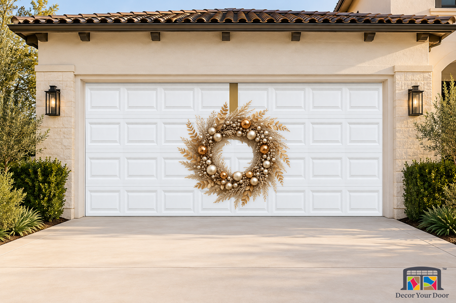 Golden Frost Elegance Wreath – Christmas Garage Door Cover — two-car garage front view
