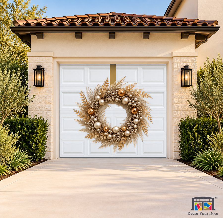 Golden Frost Elegance Wreath – Christmas Garage Door Cover — one-car garage front view