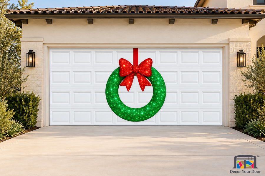 Sparkle Bow Glow Wreath – Christmas Garage Door Cover — two-car garage front view