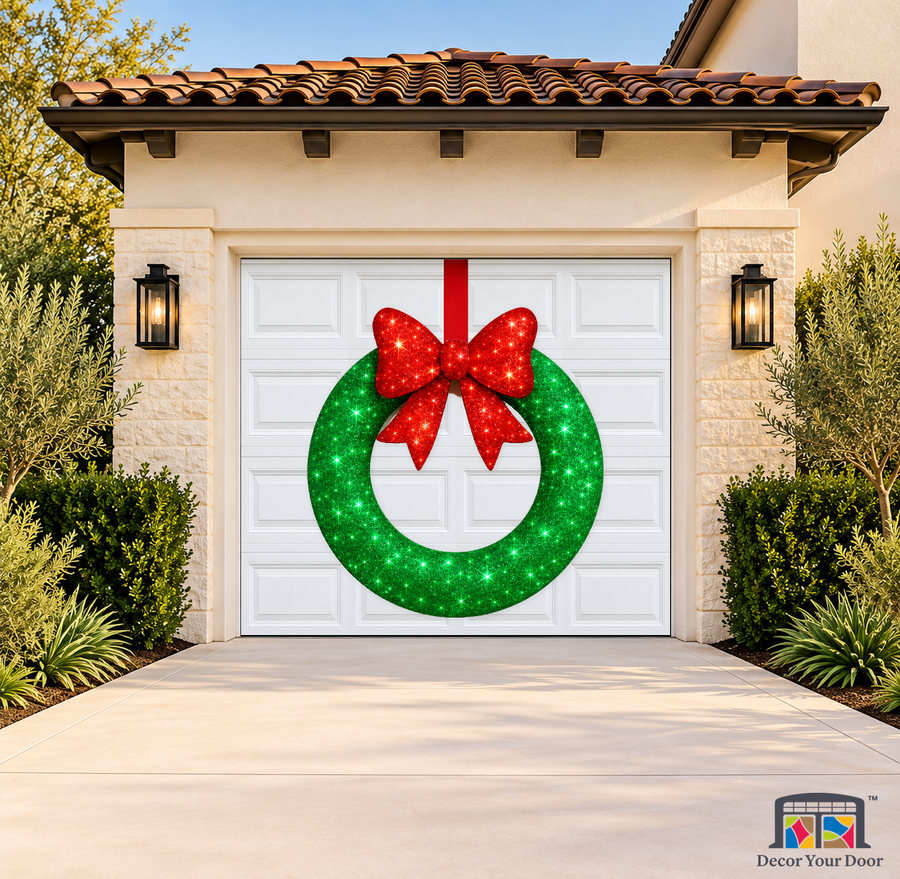 Sparkle Bow Glow Wreath – Christmas Garage Door Cover — one-car garage front view