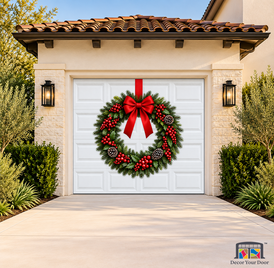 Holiday Welcome Wreath – Christmas Garage Door Cover — one-car garage front view