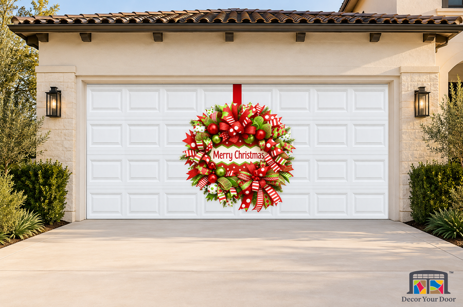 Candy Ribbon Celebration Wreath - Christmas Garage Door Cover — two-car garage front view