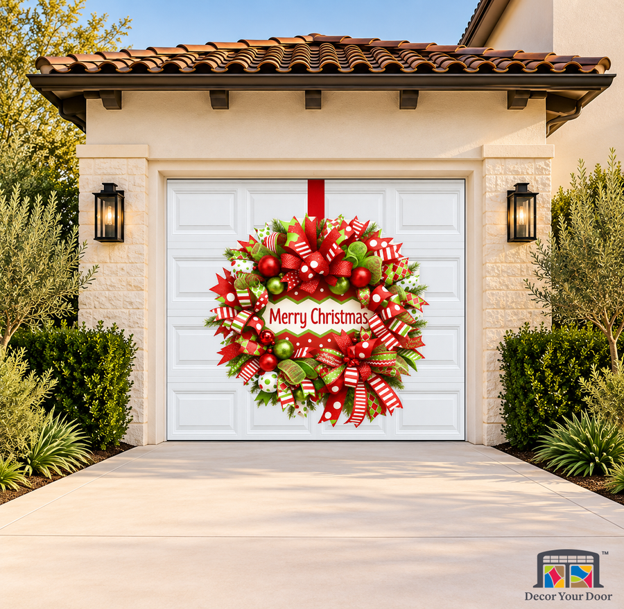 Candy Ribbon Celebration Wreath - Christmas Garage Door Cover — one-car garage front view