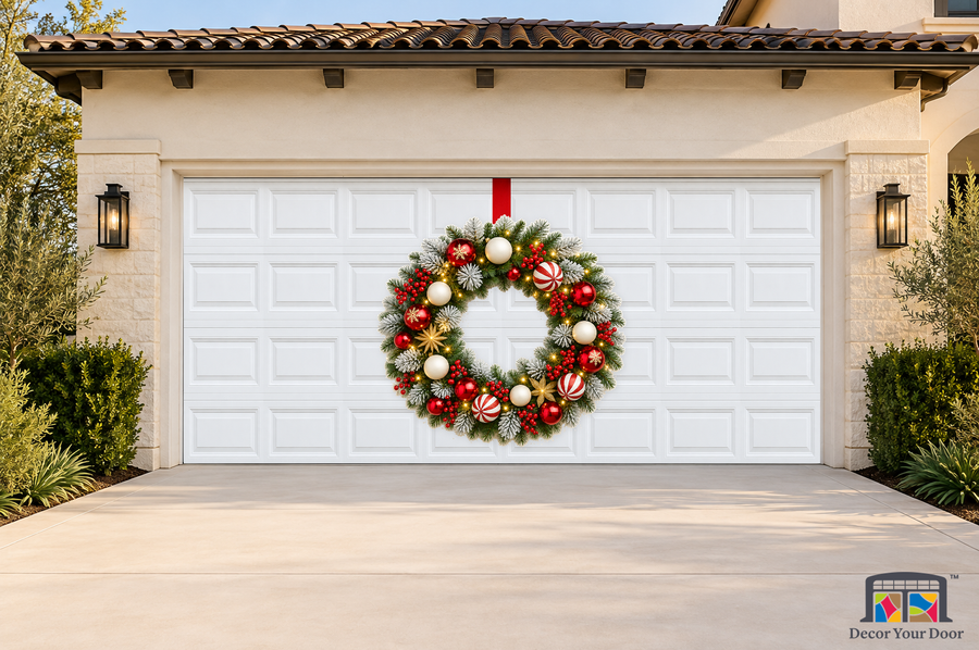 Snowburst Peppermint Wreath – Christmas Garage Door Cover — two-car garage front view