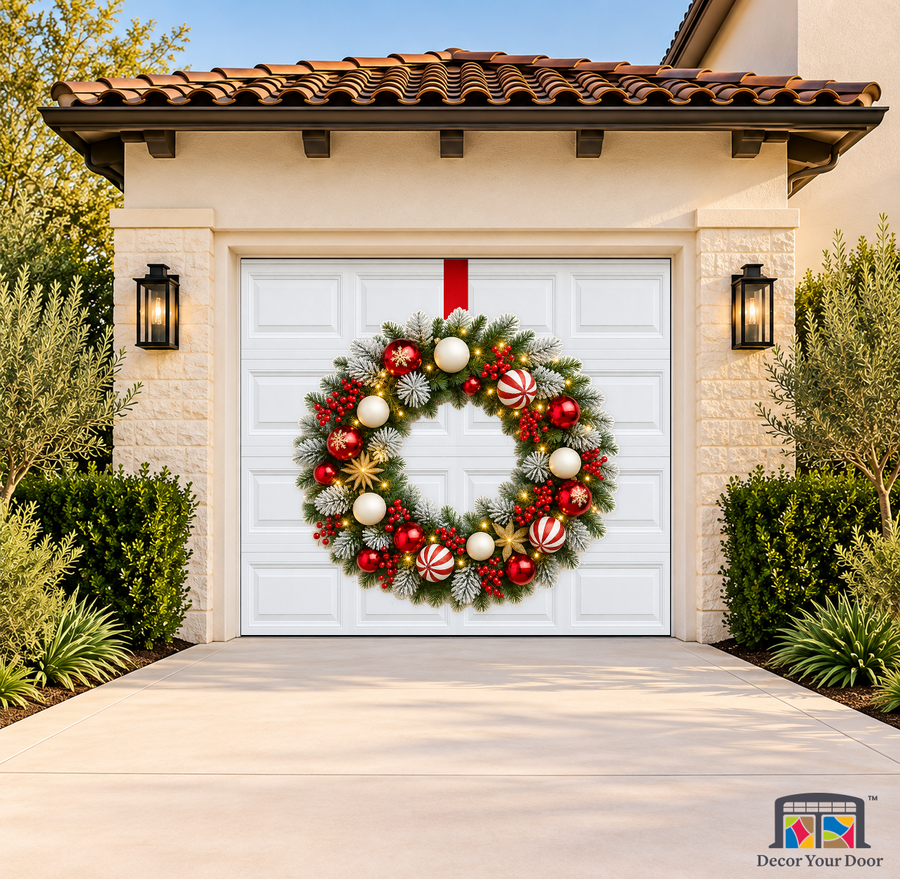 Snowburst Peppermint Wreath – Christmas Garage Door Cover — one-car garage front view