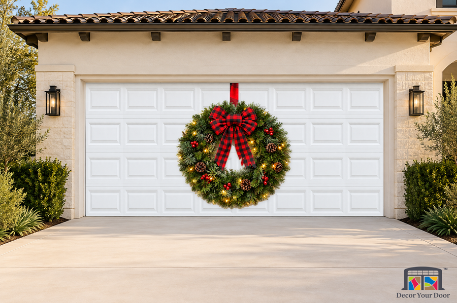 Classic Holiday Wreath – Christmas Garage Door Cover — two-car garage front view