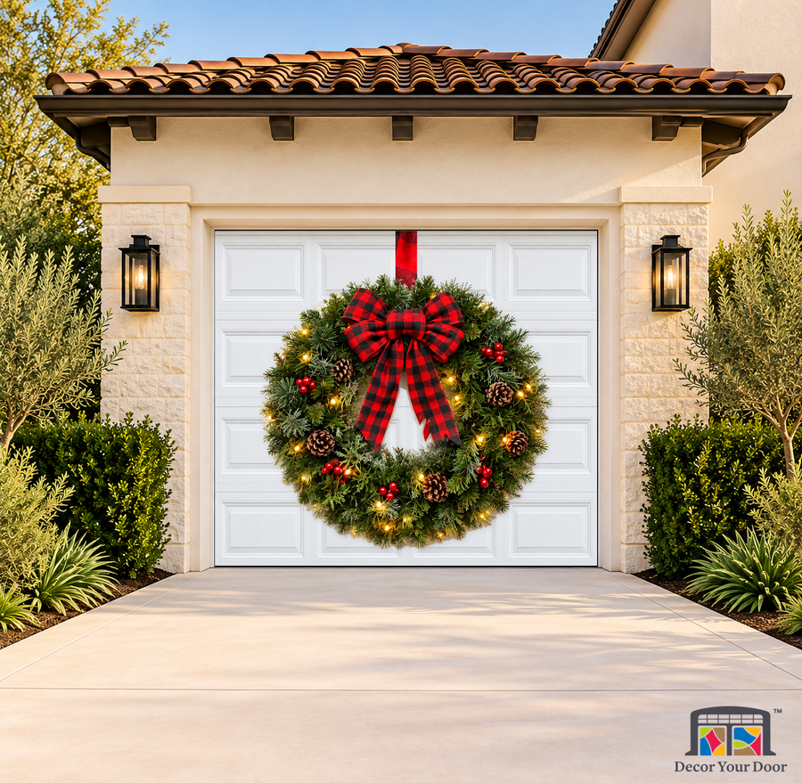 Classic Holiday Wreath – Christmas Garage Door Cover — one-car garage front view