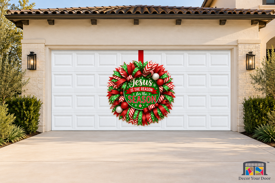 Jesus Season Celebration Wreath – Christmas Garage Door Cover — two-car garage front view