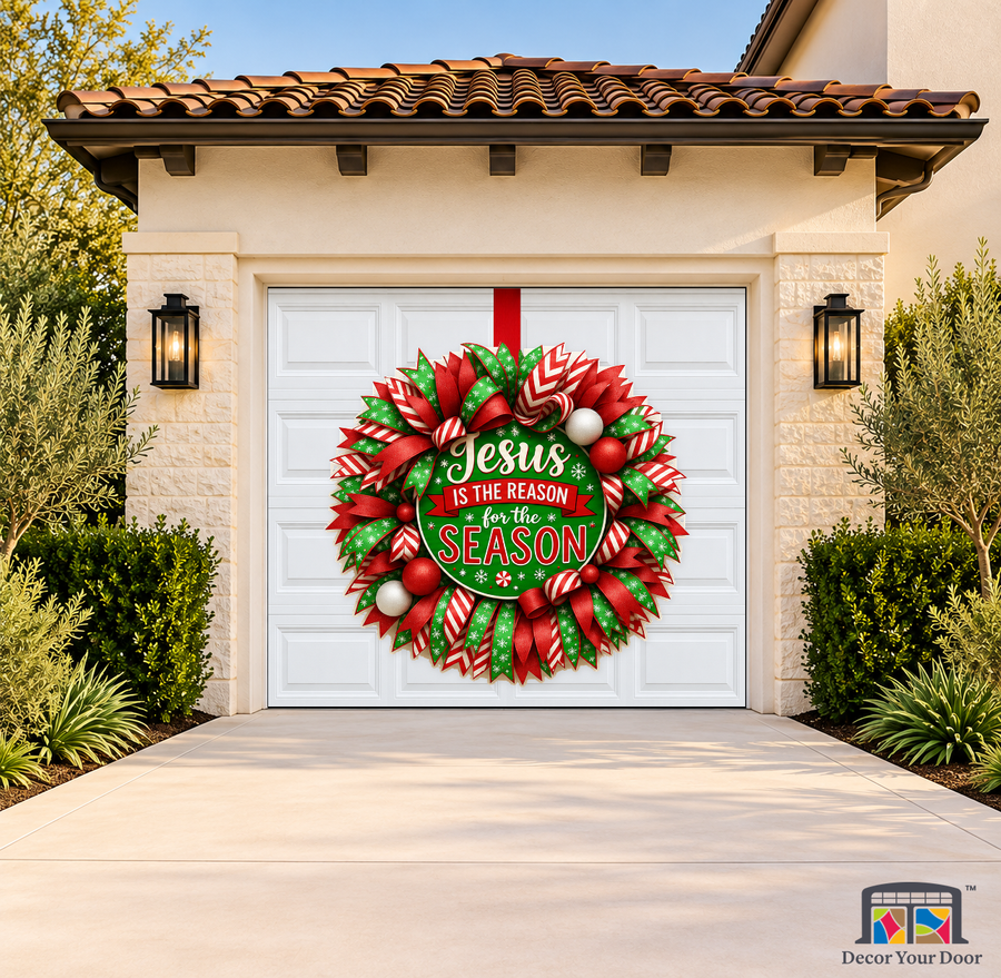 Jesus Season Celebration Wreath – Christmas Garage Door Cover — one-car garage front view