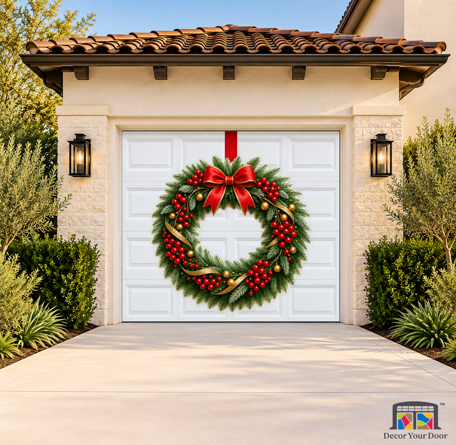 Golden Berry Ribbon Wreath – Christmas Garage Door Cover — one-car garage front view