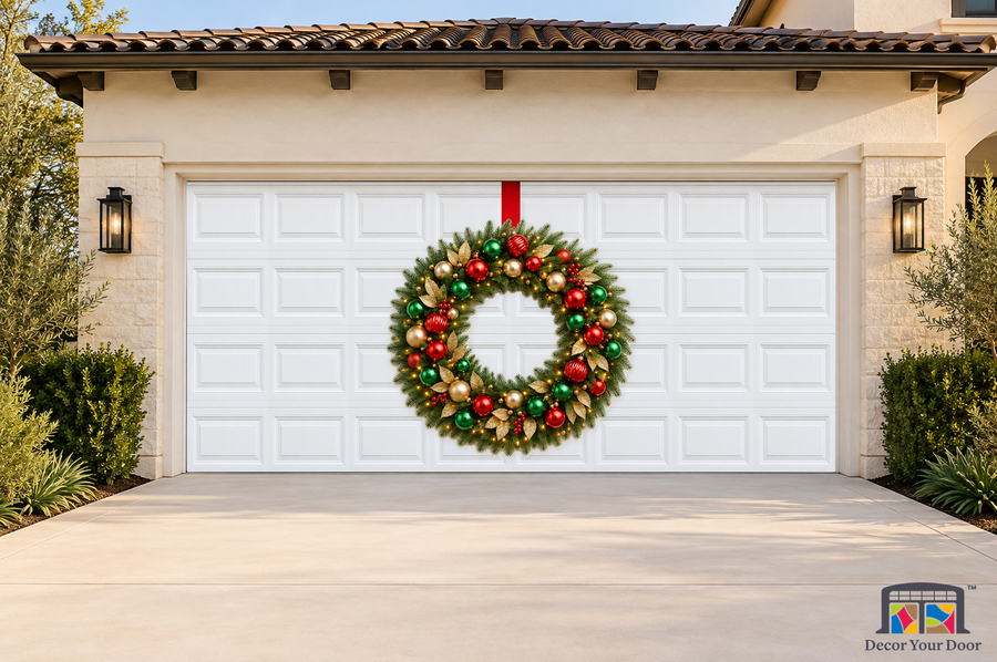 Merry and Bright Deluxe Wreath Garage Door Cover — two-car garage front view