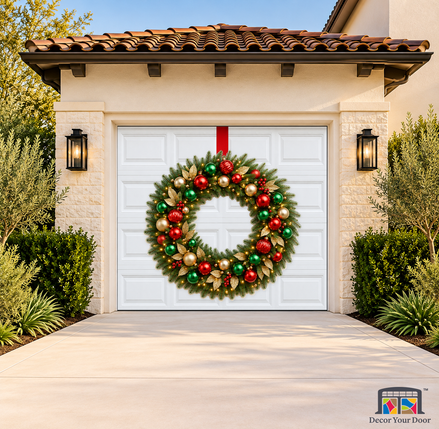 Merry and Bright Deluxe Wreath Garage Door Cover — one-car garage front view