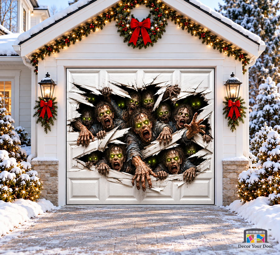 Zombie Breakout Nightmare Halloween Garage Door Cover — one-car front view