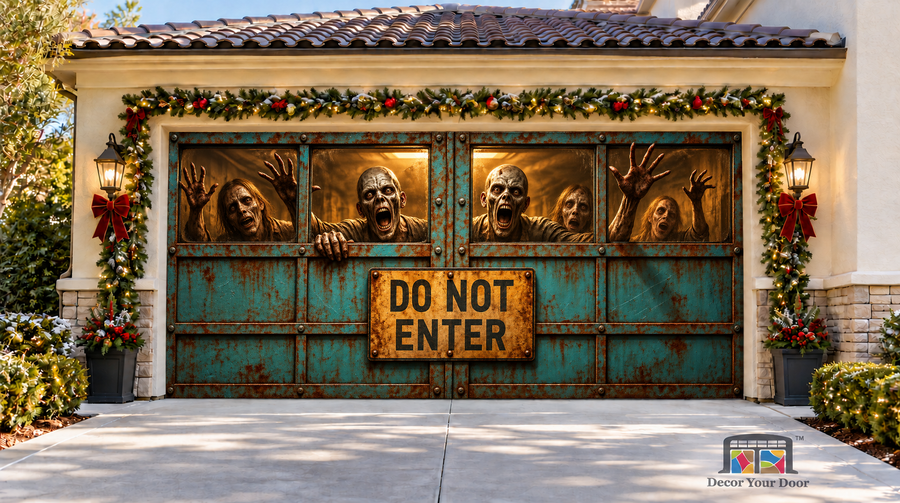 Zombie Lockdown Halloween Garage Door Cover — two-car front view