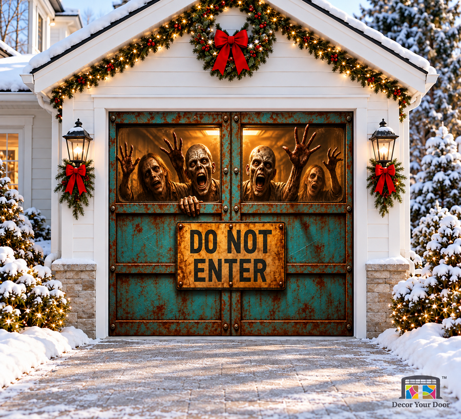Zombie Lockdown Halloween Garage Door Cover — one-car front view