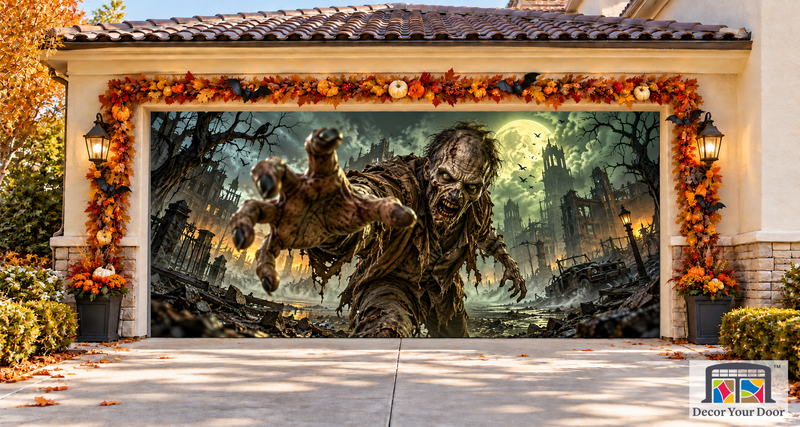 Zombie Reach Halloween garage door cover – Two Car front view