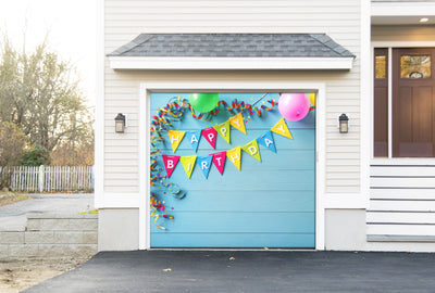 Single garage door Happy birthday party background with text and colorful tools - Decor-Your-Door