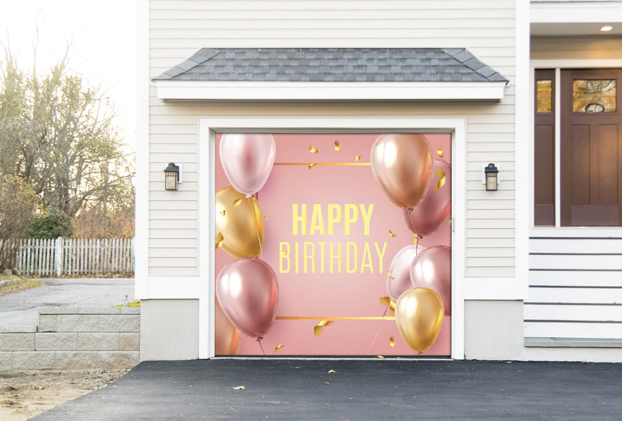 Feliz cumpleaños, globos aerostáticos rosas y dorados, pancarta para puerta de garaje