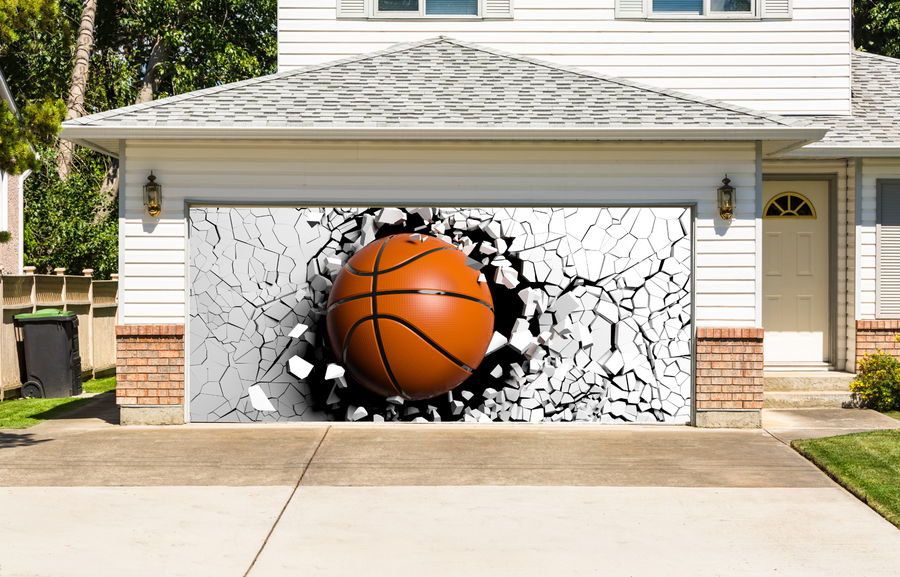 Basketball Breaking White Wall Garage Door Cover Banner Backdrop