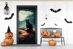 Mural para puerta principal con gato negro sentado sobre una calabaza