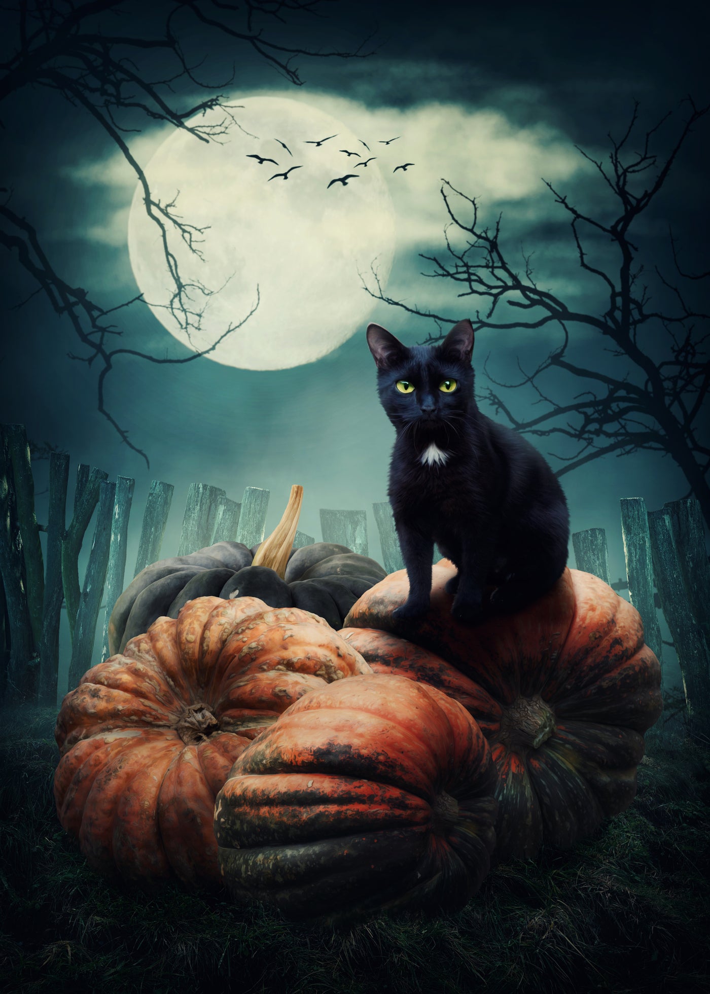 Black Cat Sitting On Pumpkin Front Door Cover Wrap Mural