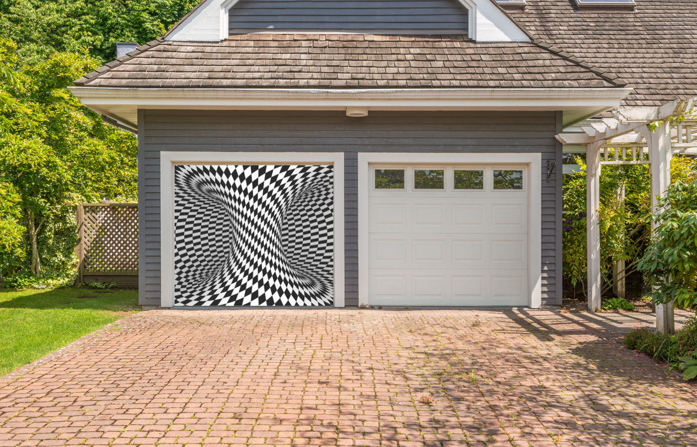 Black and White Checkers Psychedelic Garage Door Cover Wrap