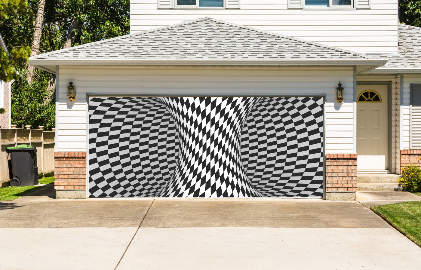 Black and White Checkers Psychedelic Garage Door Cover Wrap