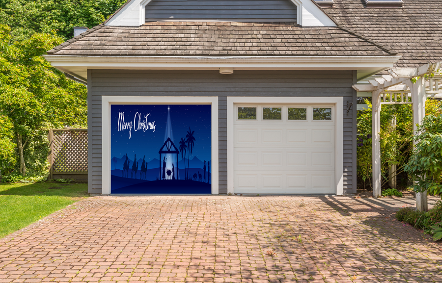 Blue Christmas Nativity Scene Merry Christmas Garage Door Cover Banner Backdrop