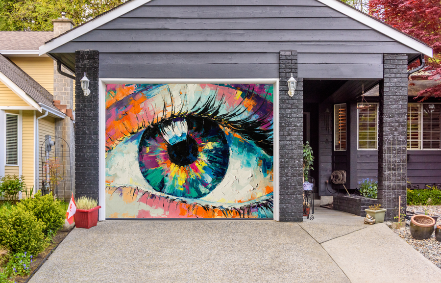 Pancarta para puerta de garaje con diseño de ojos coloridos