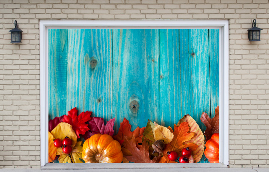 Fondo para puerta de garaje con diseño de hojas y calabazas de colores para el Día de Acción de Gracias