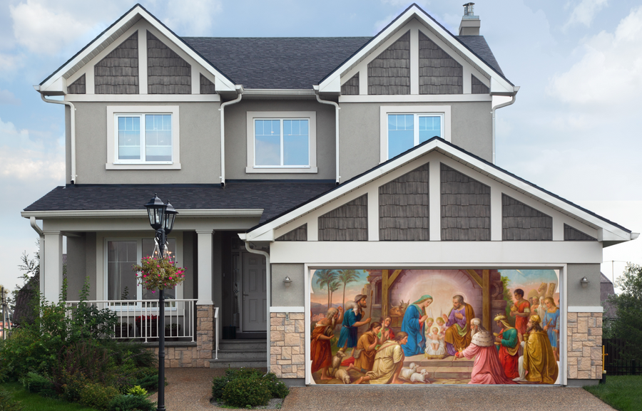 Fresco of Nativity Scene Garage Door Cover Mural Banner Backdrop
