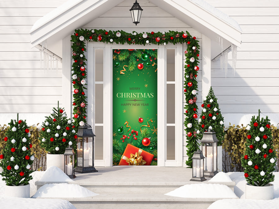 Gold And Red Gift Merry Christmas Front Door Cover