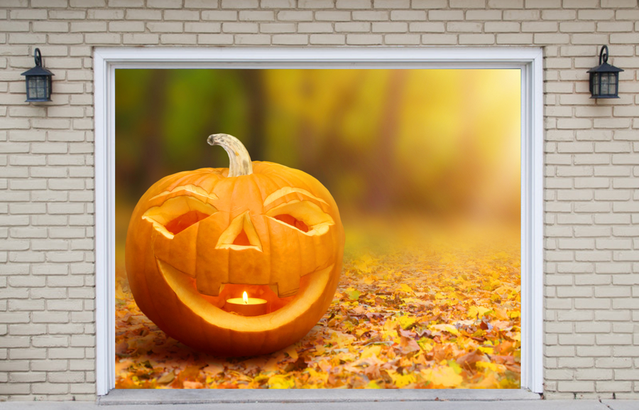 Fondo de pancarta para puerta de garaje doble con calabaza tallada de Halloween