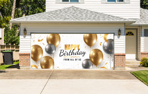 Feliz cumpleaños, globo dorado y plateado, cubierta para puerta de garaje, pancarta de fondo
