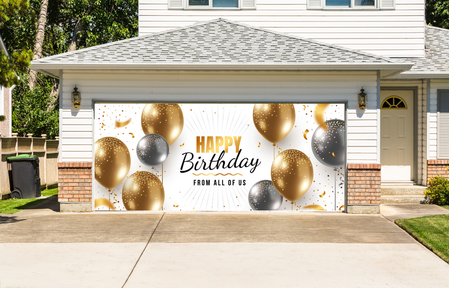 Feliz cumpleaños, globo dorado y plateado, cubierta para puerta de garaje, pancarta de fondo