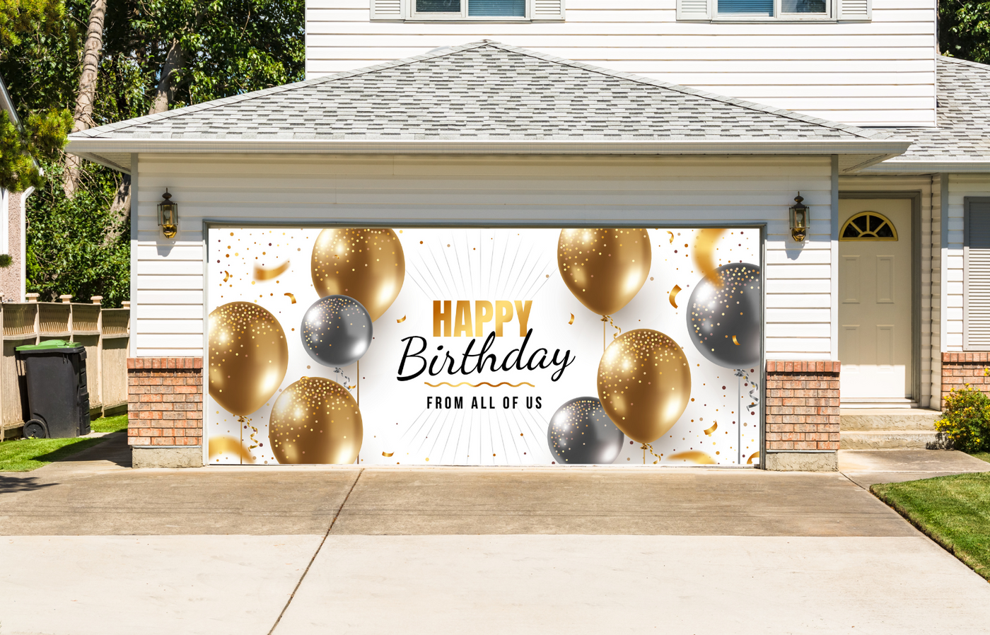 Happy Birthday Golden And Silver Balloon Garage Door Cover Banner Backdrop