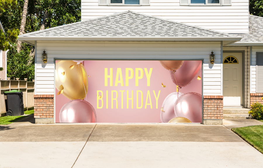Feliz cumpleaños, globos aerostáticos rosas y dorados, pancarta para puerta de garaje